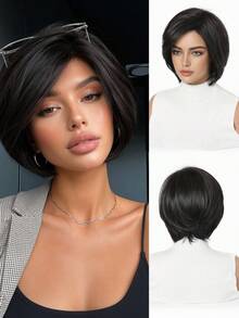 8 Inch Women's Short Bob Wig, Natural-Looking Synthetic Fiber, Black/Brown Straight Bob Hair, Fashionable Daily Wear Short Hairstyle, Halloween - Multicolor - View 7