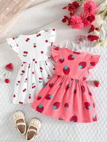 2 piezas/Set Bebé Cuello Redondo Manga Volante Estampado de Mariposa & unicolor Punto Acanalado Minimalista Lindo Primavera/Verano - Rosado Sandía - Ver 4