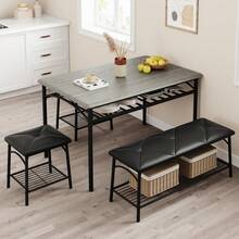 Juego de Comedor para 4 Personas – Mesa Rectangular con Banco, 2 Sillas Tapizadas y Espacio de Almacenamiento, Estructura Madera+Metal – Para Cocina Pequeña o Desayunador (Set 4 pz) - Gris - Ver 2