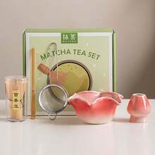 抹茶茶具套組，完整抹茶沖泡套件，含可愛花卉與愛心壓紋陶瓷碗及篩網，傳統日式茶道工具，適合居家使用與送禮 - 星星 - 查看 13