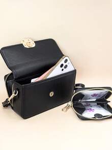 Mini cartera bandolera para teléfono, cartera de teléfono con cierre de cremallera de moda de PU suave, multifunción de gran capacidad, set de 2 piezas de cartera de teléfono y portador de tarjetas de gran capacidad - Negro - Ver 5