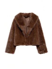 New Autumn Plus Size Winter Faux Fox Fur Collar Fashion Short Jacket, Young People's Faux Fur Coat - Coffee Brown - View 2