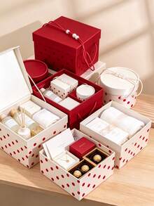 波點禮品盒附珍珠緞帶手柄，紙板-法蘭絨方形與圓形禮品容器，可重複使用情人節、生日、節日禮品包裝盒 - 香檳色方形 - 查看 1