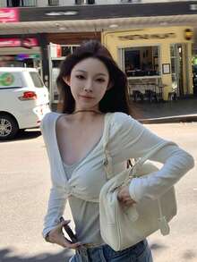 2-In-1 Knot Design Striped Long Sleeve T-Shirt Contrast Color Knit Top Casual White - White - View 5
