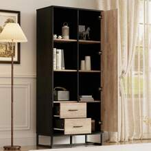 Modern Highboard Cabinet In Wood Effect With Black Frame, Door, 2 Drawers And 3 Open Shelves For Living Room, Office And Hallway - Black and Brown - View 3