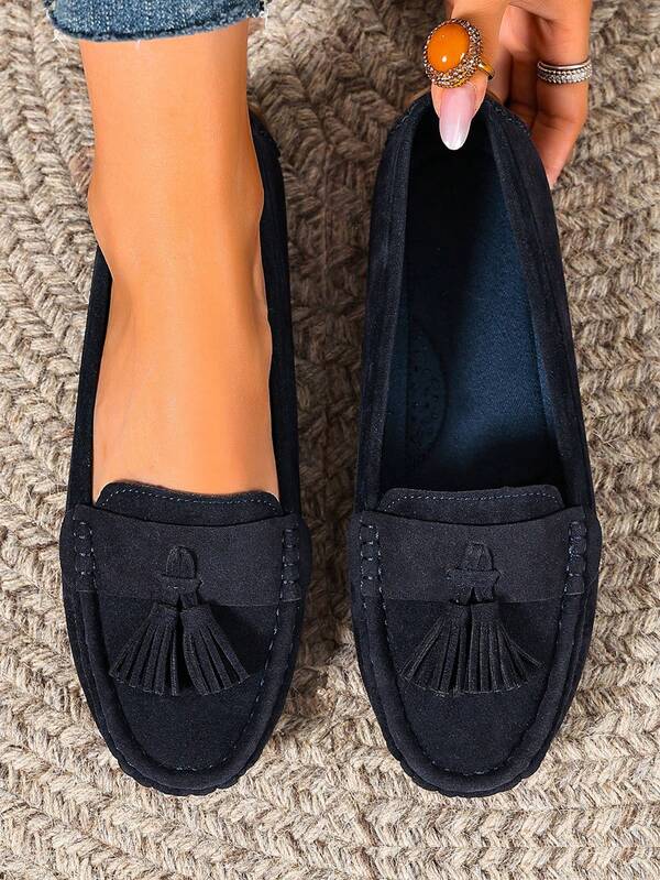 Sepatu Flat Rajut Suede Biru Tua Wanita Terbaru, Sepatu Loafer Rumbai Buatan Tangan yang Nyaman untuk Semua Musim, Sepatu Kerja Slip-On yang Elegan, Sepatu Balet Mary Jane