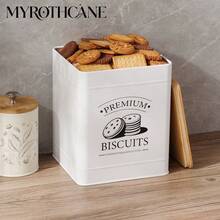 Myrothcane 1pc Vintage White Metal Biscuit Tin With Bamboo Lid, Large Square Cookie Storage Canister, Airtight Snack Container For Cookies, Candy, Nuts, Tea, Kitchen Pantry Organizer, Retro Printed Food Storage Jar For Home Baking - White - View 8