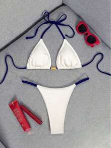 Women's 2Pcs Ribbed Halter Bikini Set, White Navy Color-Block French Style Elegant Summer Beachwear For Island Pool Party Holiday Travel Daily Commute - White - View 4