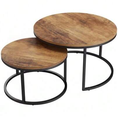Set Of 2 Round Coffee Tables, Industrial Style Side Tables With Metal Frame For Living Room And Bedroom, Brown