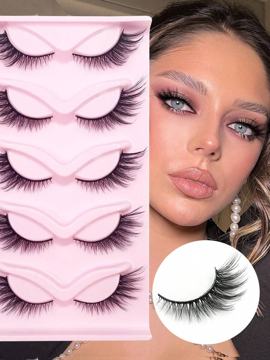ENCHUW 5 Pairs False Eyelashes Natural Look Cat Eye Lashes Wispy Fake Eyelashes 3D Strip Lashes Thick Eye Lashes Soft Lashes Fluffy Natural Eye Lashes - Black - View 1