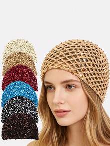1pc Women's Handmade Crochet Sequin Hair Net Hair Cover Fishnet Sequin Hat Suitable For Daily Use - Multicolor - View 1
