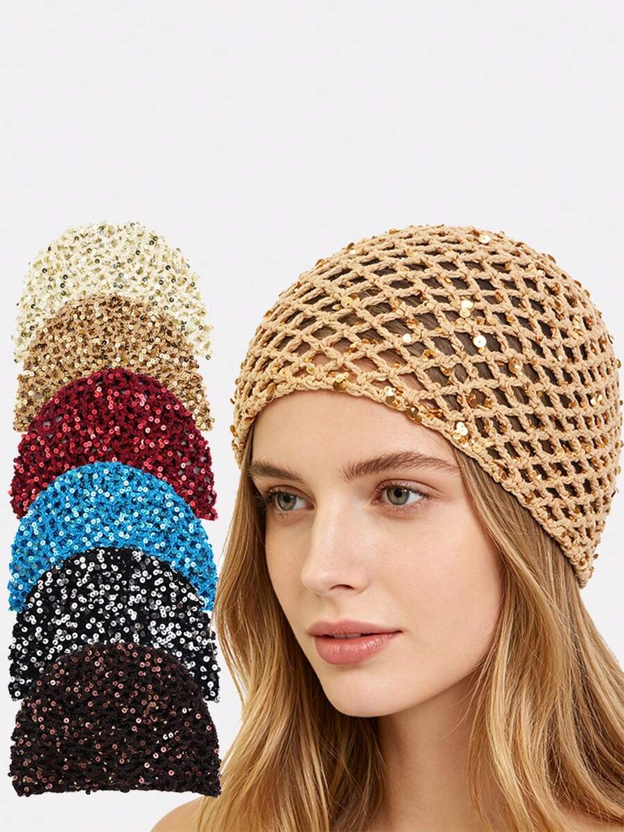1pc Women's Handmade Crochet Sequin Hair Net Hair Cover Fishnet Sequin Hat Suitable For Daily Use - Multicolor - View 1