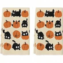 2 Peças Toalhas de Cozinha com Estampa de Gato Preto e Abóbora de Halloween, Decoração de Cozinha Rústica de Outono e Ação de Graças, Presente - Multicolorido - Visão 9