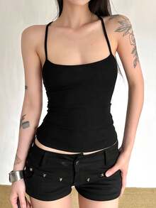 Atasan Camisole Rajut Pendek Hitam Pas Badan untuk Wanita, Kain Elastis Sedang, Ciptakan Tampilan Modis dan Percaya Diri - Hitam - View 1