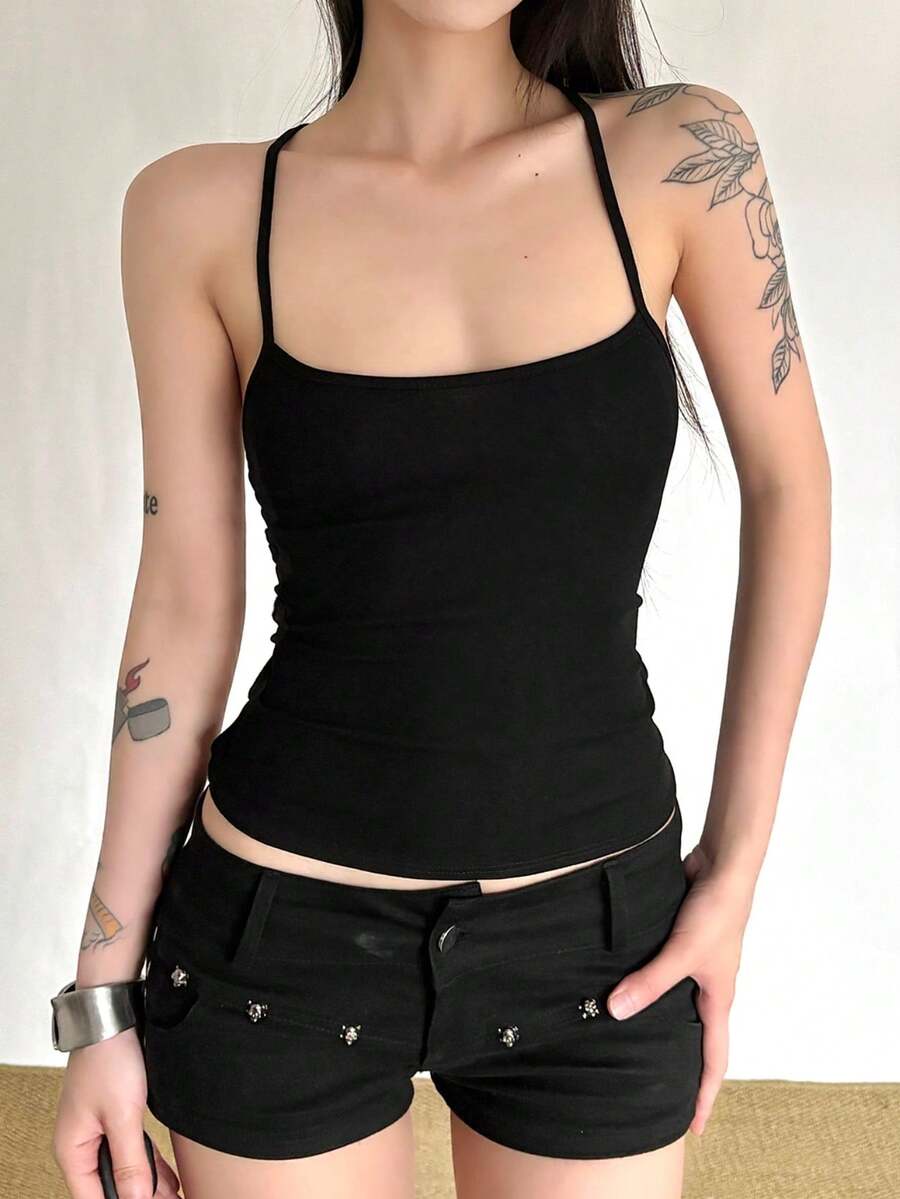 Atasan Camisole Rajut Pendek Hitam Pas Badan untuk Wanita, Kain Elastis Sedang, Ciptakan Tampilan Modis dan Percaya Diri - Hitam - View 1