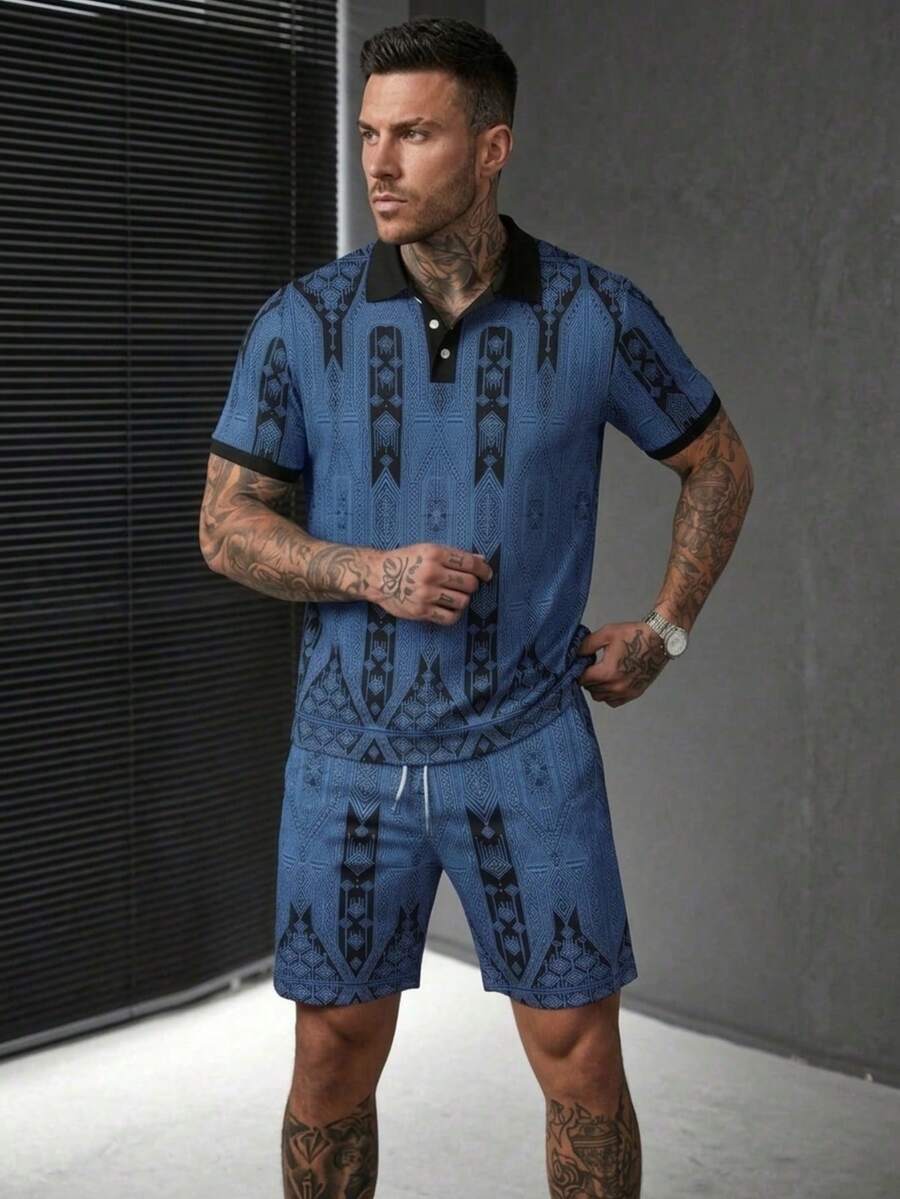 Men's Vacation Casual Geometric Print Polo Shirt & Shorts Set - Blue - View 1
