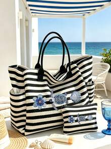 1/2 Piezas Juego de Bolsa de Mano a Rayas y Bolsa de Cosméticos con Patrón de Tortuga. Una Bolsa de Playa Espaciosa y Elegante con un Diseño Simple pero de Moda. - Multicolor - Ver 2
