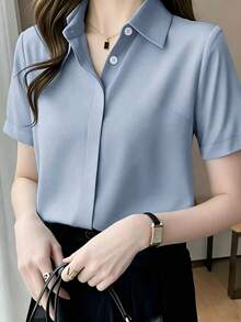 Camisa de seda de manga corta con diseño, elegante y madura estilo de Hong Kong, satén para verano y primavera - Azul lavado medio - Ver 5