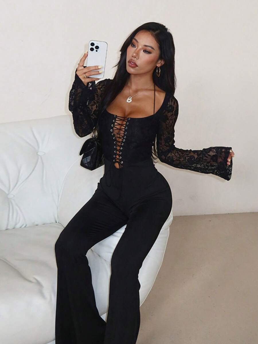 Jumpsuit Seksi Wanita Warna Hitam dengan Motif Renda untuk Musim Gugur, Cocok untuk Jalan-jalan, Ulang Tahun, Liburan, dan Pesta.