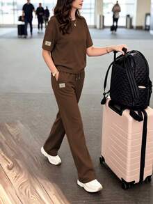 Women's Casual 2 Pieces Set, Round Neck T-Shirt With Long Slightly Elastic Pants, Comfortable Loungewear Set With Pockets Elegant Summer - Khaki - View 3