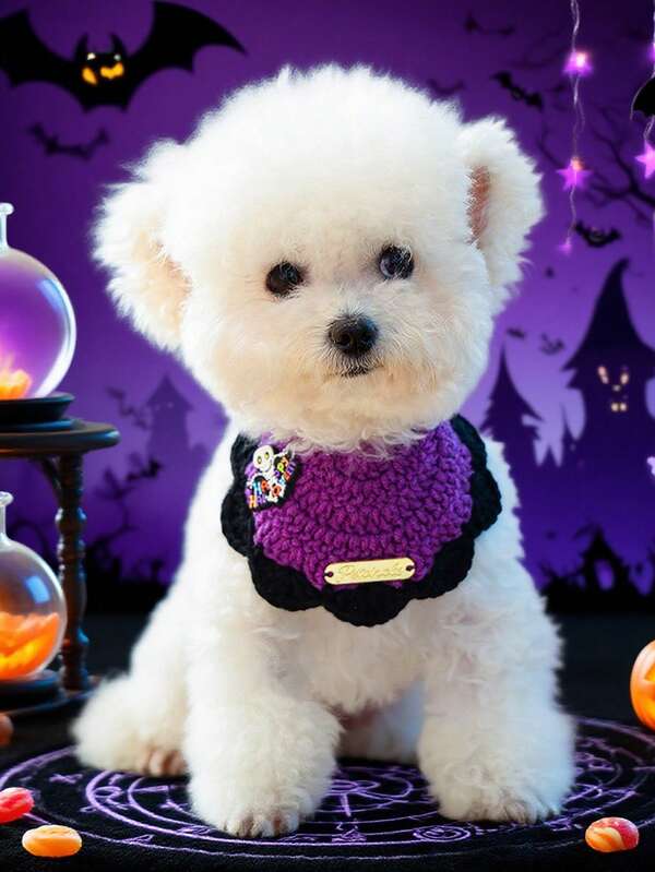 1pc Pet Accessory Dog Cat Small Dog Puppy Happy Puppy Teddy Bichon Pomeranian Cute Casual Fashion Accessory Halloween Gold Label Knitted Bib-Letter Skull