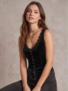 Áo tank top nhung cổ chữ V dành cho nữ, thiết kế ren và cúc, áo tank top nhung casual cho kỳ nghỉ, màu đen, mùa hè. - màu đen - Xem 7