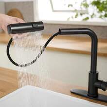 Matte Black Pull-Out Kitchen Faucet, Stainless Steel High Arc Single Handle Sink Tap, 3-Mode Switchable Pull-Out Spray Head, Rust-Resistant Black Coated Sink Faucet, Single Hole Easy Installation Kitchen & Bathroom Hardware, Modern Minimalist Home Decor Kitchen Renovation Hardware, Practical Housewarming Kitchen Gift - Multicolor - View 9