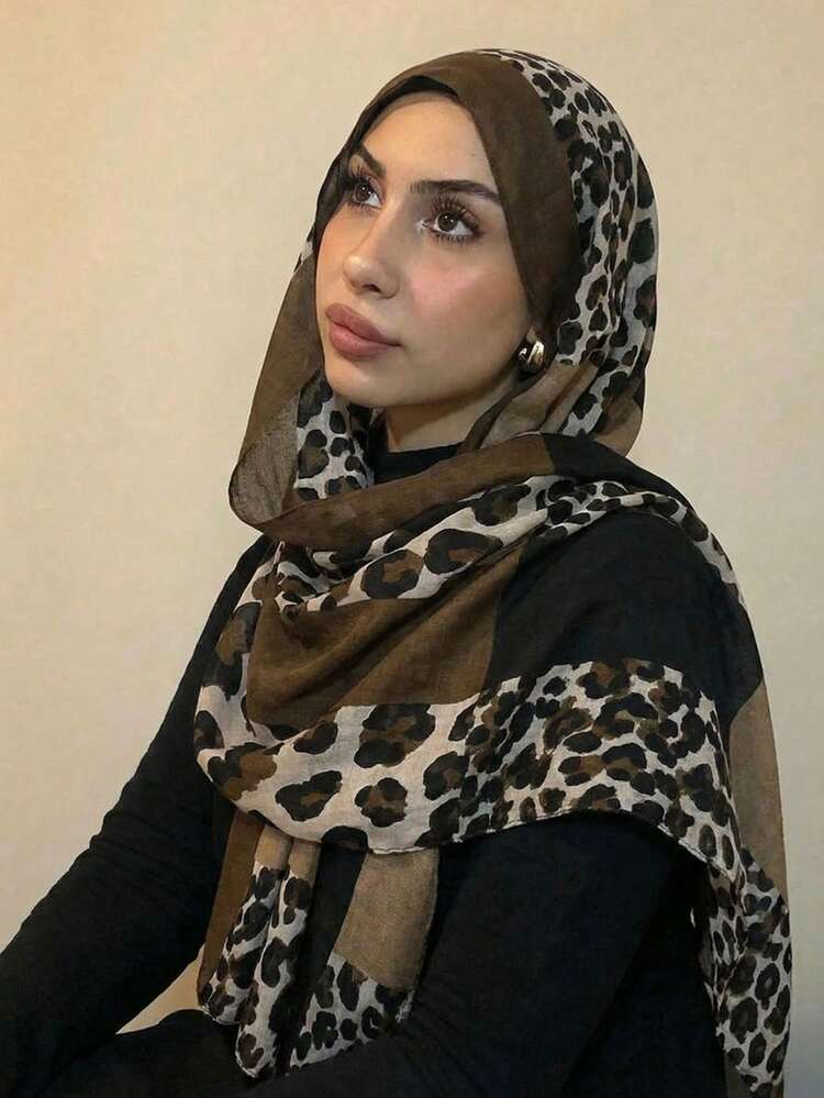 1PC Women's Bohemian Leopard Print Geometric Patchwork Sun Protection Shawl Headscarf Scarf, Cotton Linen, Geometric Pattern Hijab, Summer Muslim Hijab, Suitable For Daily Use - Grey - View 2