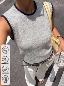 Fall Winter Women Light Grey Crew Neck Knit Vest Xmas New Year Sleeveless Layering Top - Light Grey - View 3