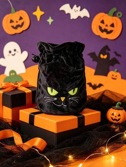 Halloween Black Cat Drawstring Storage Gift Bag, Gothic Style Mini Gift Bag, Cute Green Eyes Black Cat Holiday Party Decoration Gift Packaging Bag