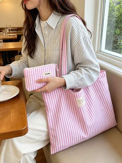 Multi-Color Striped Tote Bag And Matching Pouch, Fashionable Contrast Design, Large Capacity Casual Shoulder Bag, Personalized Print Commuter Bag, Versatile Handbag, French Elegant Tote Bag, Multi-Functional Shopping Bag, Lightweight And Foldable, Suitable For Travel, School, Fitness, Party, Shopping And Daily Commute, Perfect For Women, College Students, White-Collar Workers, Travelers And Beach Lovers, Ideal For Easter, Back To School Season, Vacation And Gift Giving, Can Be Used As Sundries Bag, Shopping Bag And Underarm Bag, School Bag.