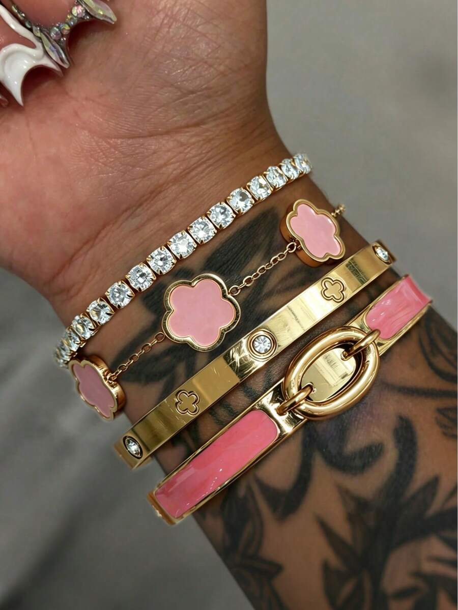 1/4pcs Stainless Steel 18K Gold Plated Colorful Dopamine Clover Bangle Bracelet Set, Suitable For Women Music Festival Wear, Personalized Jewelry Set, Waterproof & Fade-Resistant - Bracelet Set - View 1