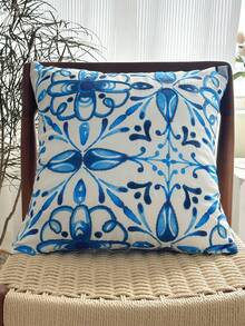 LCUHPCL 1pc Blue And White Porcelain & Moroccan Style Printed And Embroidered Waterproof Pillowcase, Home Decor For Living Room, Bedroom, Sofa, Outdoor And Various Environments - Blue - View 1