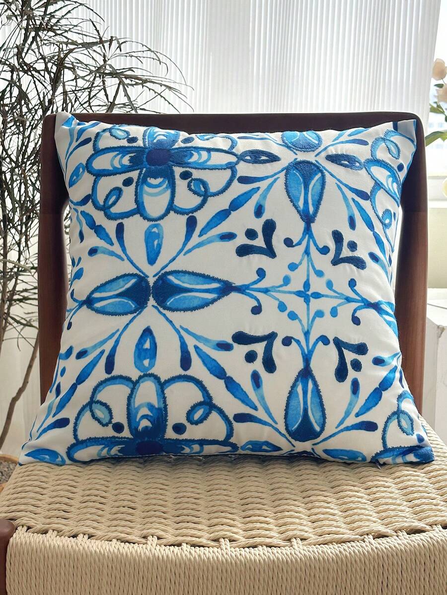 LCUHPCL 1pc Blue And White Porcelain & Moroccan Style Printed And Embroidered Waterproof Pillowcase, Home Decor For Living Room, Bedroom, Sofa, Outdoor And Various Environments - Blue - View 1