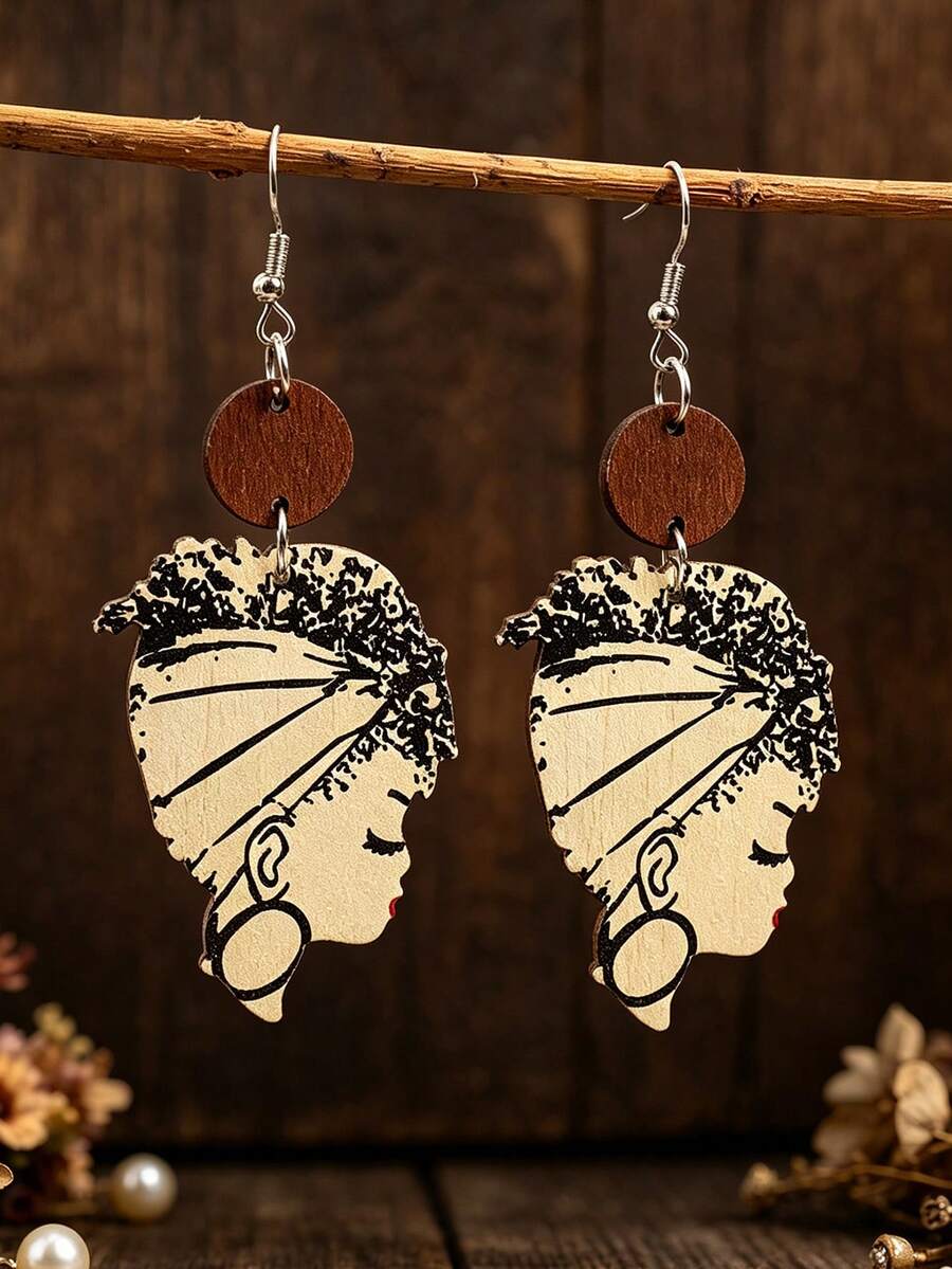 1 Pair Bohemian Exotic Portrait Silhouette Wooden Earrings, Vintage Print African Woman Profile, Vacation Ear Accessories - Portrait - View 1