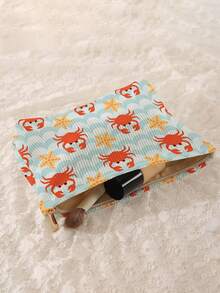 1pc Portable Cosmetic Storage Bag With Ocean Element Crab Pattern, Double-Sided Print Travel Zipper Makeup Bag, Multi-Function Toiletries Organizer - Multicolor - View 4