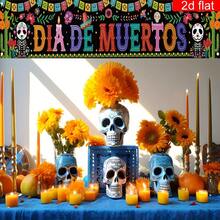 1 Piece, Mexican Day Of The Dead Courtyard Banner, Polyester Material, Skull Cactus Pattern, Suitable For Indoor And Outdoor Garden Porch Lawn Decoration Door Flag, Various Styles To Choose From. - Multicolor - View 7