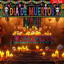 1 Piece, Mexican Day Of The Dead Courtyard Banner, Polyester Material, Skull Cactus Pattern, Suitable For Indoor And Outdoor Garden Porch Lawn Decoration Door Flag, Various Styles To Choose From. - Multicolor - View 8