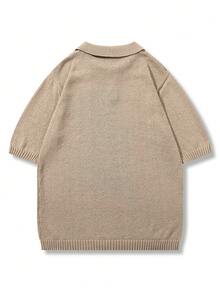 Men's Neutral Polo Collar Knit Sweater, Daily Commute Casual Versatile Solid Color Old Money Business Loose Short Sleeve Knit Top, Spring/Summer - Khaki - View 4