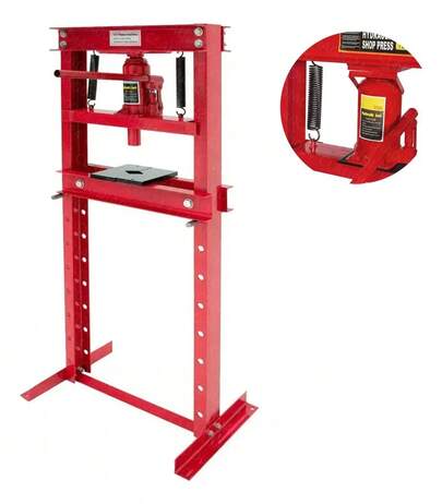 Prensa Hidraulica 12t Gato Hidraulico Industrial Rojo,Estructura de Acero Reforzado con Gato Central y Niveles Ajustables para Taller Mecánico,Prenas de Rodamiento de Marco en H y Junta en U