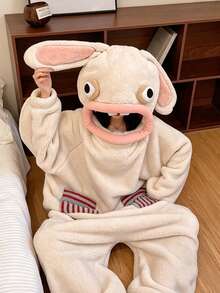 1pc Cute & Quirky Cartoon Rabbit Coral Fleece Hooded Bathrobe, Made Of Coral Fleece Material, Featuring 3D Plush Rabbit Ears And Striped Applique Pocket, Perfect For Daily Casual Wear, Halloween Party, Or As A Unique Gift For Girls - Multicolor - View 2