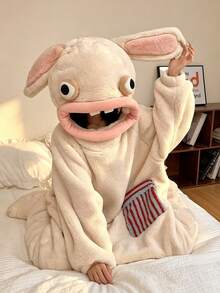 1pc Cute & Quirky Cartoon Rabbit Coral Fleece Hooded Bathrobe, Made Of Coral Fleece Material, Featuring 3D Plush Rabbit Ears And Striped Applique Pocket, Perfect For Daily Casual Wear, Halloween Party, Or As A Unique Gift For Girls - Multicolor - View 1