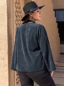 Jaket Bohemian Vintage Bordir Korduroi Biru Tua untuk Wanita Ukuran Besar - Navy Blue - View 3