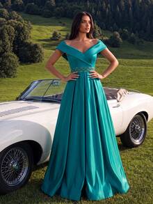 Damen-Abendkleid, Off-Shoulder, geraffter Taille und eleganter Taillenbetonung für Partys - Taubenblau - Übersicht 2