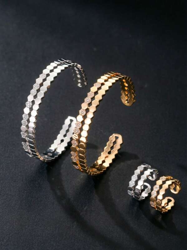 1 Set, Fashionable Minimalist Elegant Cubic Zirconia Women's Bracelet, Women's Jewelry, Gold-Plated Bracelet, Silver-Plated Bracelet, Wrist Accessory Jewelry Finger. Saudi National Day Accessory, Daily Wear, Valentine's Day Gift, Eid Al-Adha Distribution, Eid Al-Fitr Gift