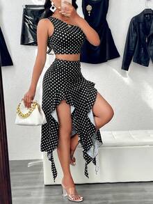 Amarilo Women's Sexy One-Shoulder Ruched Top And Ruffle Slit Thigh Skirt Set - Black Background With White Dots - View 7