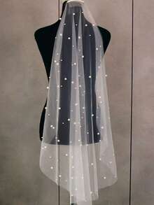 1pc Single Layer Starry Pearl Short Bridal Veil, High Quality Skin-Friendly Soft Mesh Wedding Veil - Multicolor - View 15