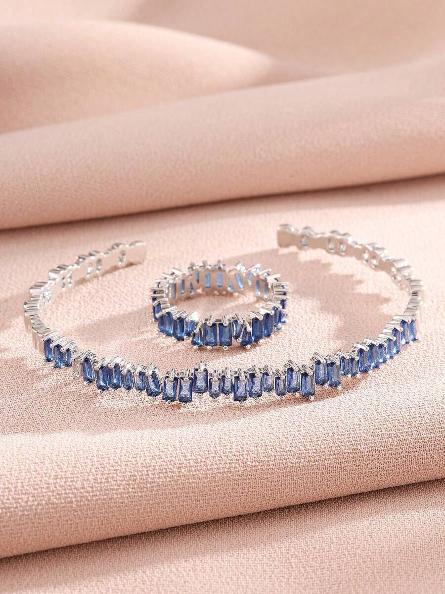 rakol 2pcs Fashionable Cubic Zirconia Asymmetrical Decor Ring & Bracelet Set, Blue - Royal Blue - View 1