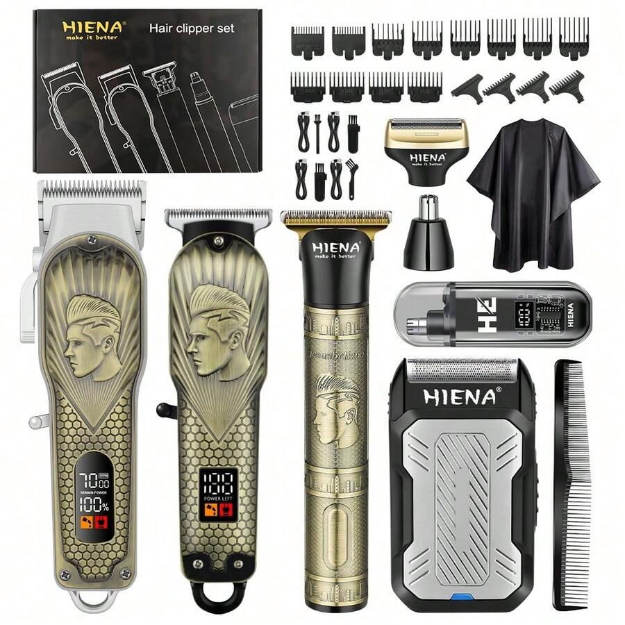 HIENA 5-In-1 Men's Hair Clipper Grooming Set, Cordless Electric Hair Clipper, Shaver, Nose Trimmer, Beard Trimmer, Professional Hair Clipper With Guide Combs, Hair Cutting Cape, Men's Gift Set - View 1
