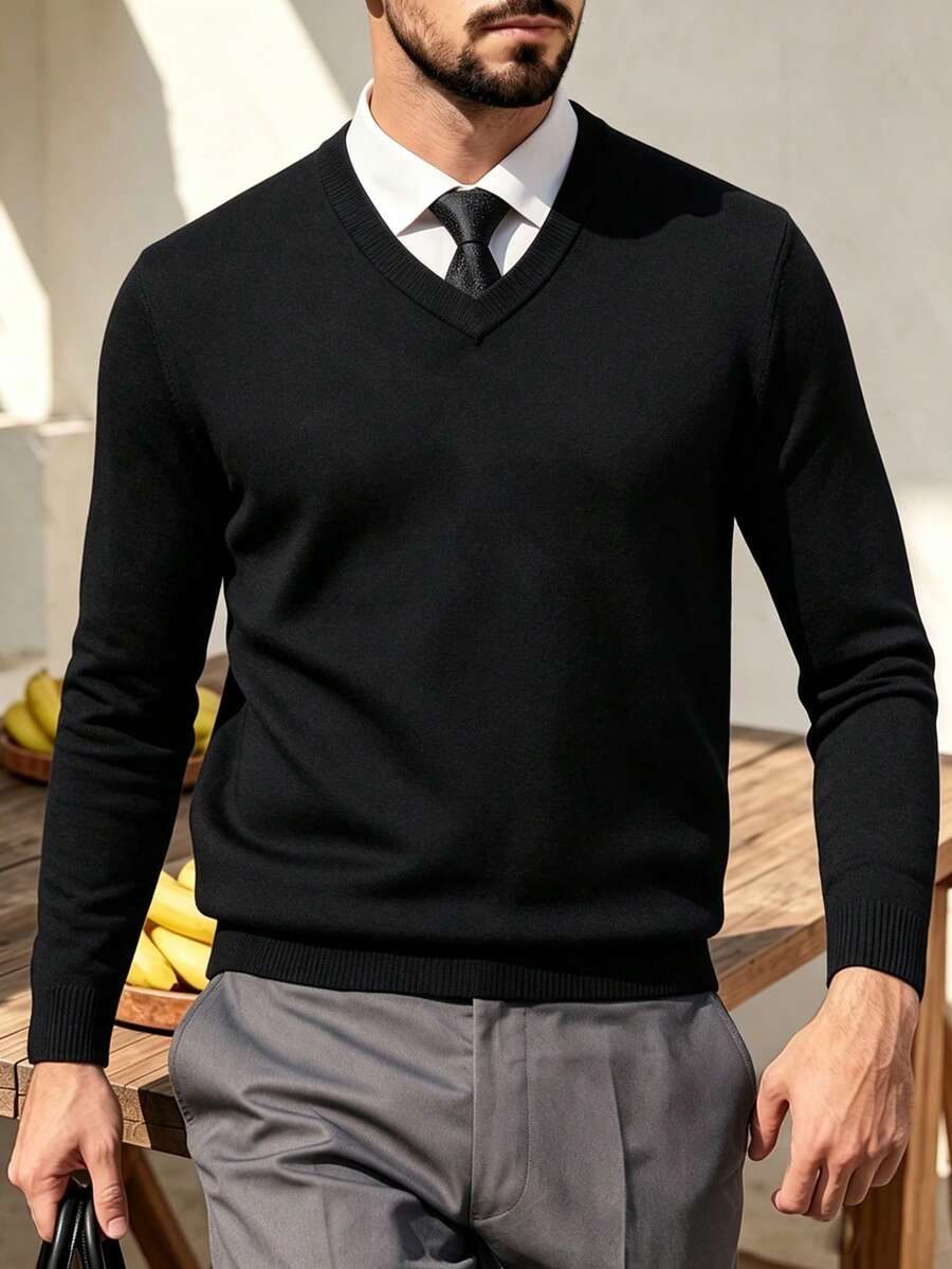 ALTZTAR 男士純色 V 領長袖針織衫,休閒舒適春秋基礎層上衣 - 黑色 - 查看 1